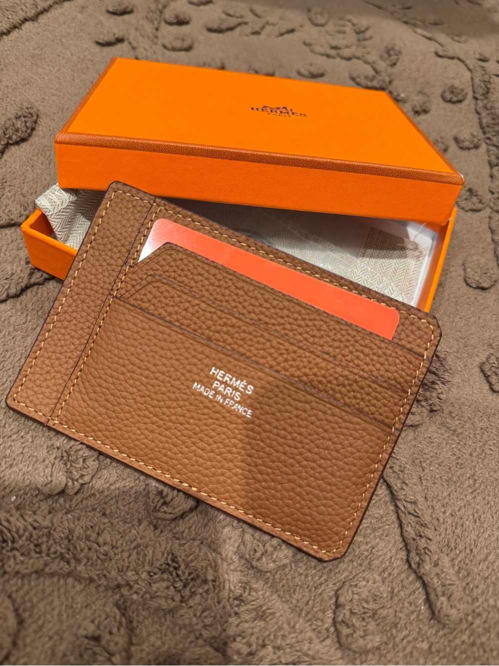 Brown Togo Leather Card Holder with White Logo